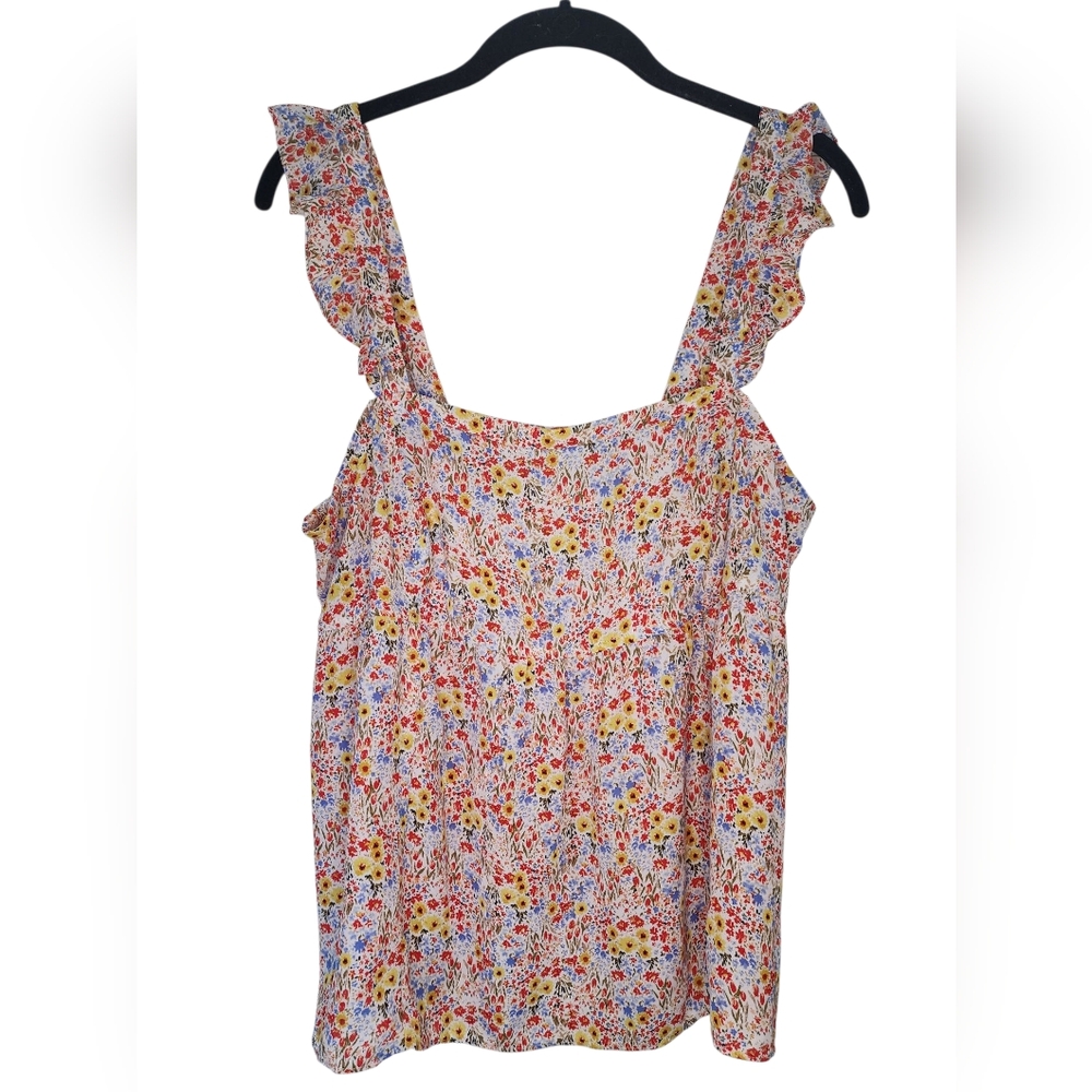 LOFT bright floral tank top, ruffles straps, size L